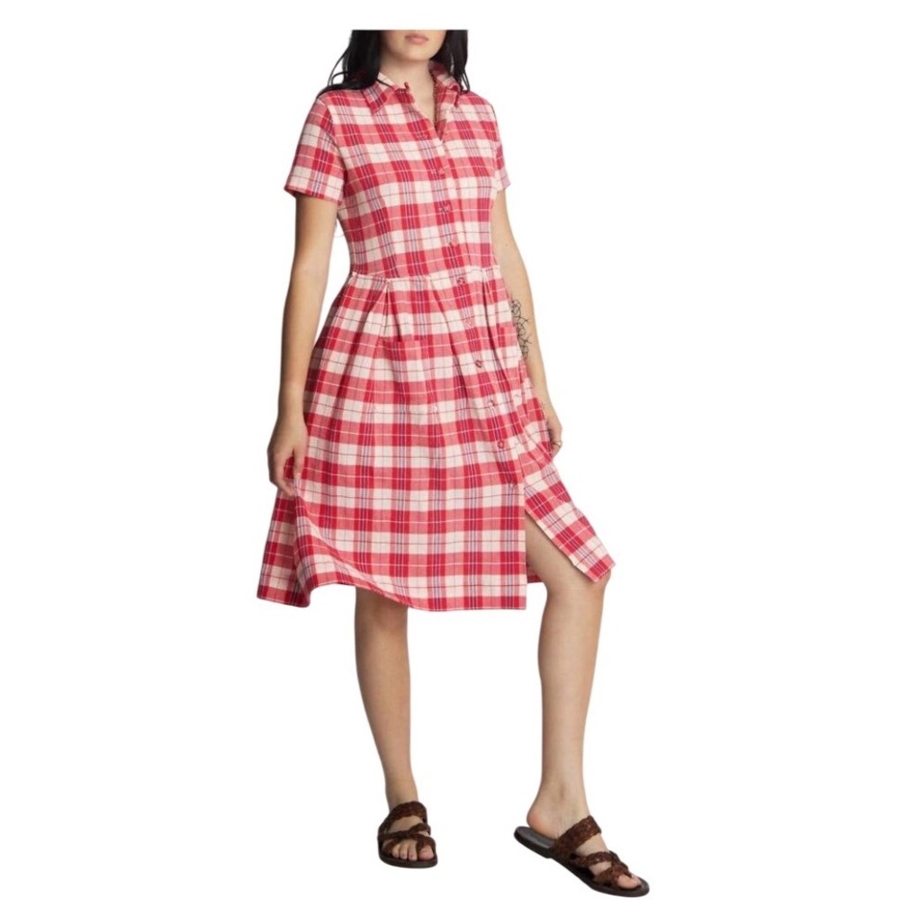 Suzie Kondi Dimitra Plaid Crimson Shirt Dress Cotton Midi Pleated Red S